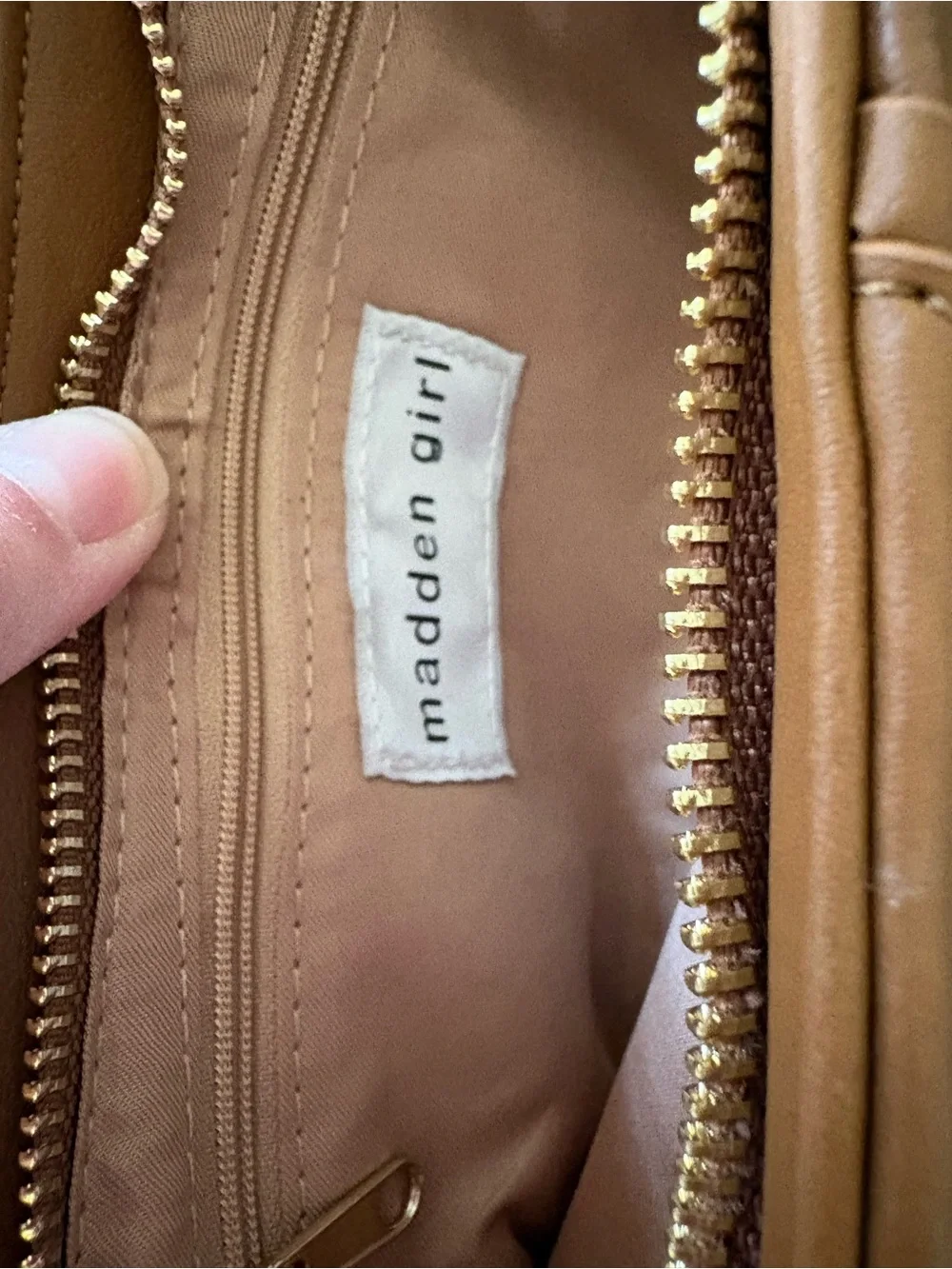 Madden Girl Cognac Patchwork Shoulder Bag with Gold Charm